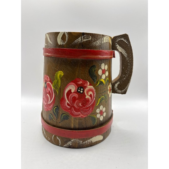 Other - Vintage Hand Painted Wooden Beer Stein Floral Rose Rustic Barrel Tankard Mug
